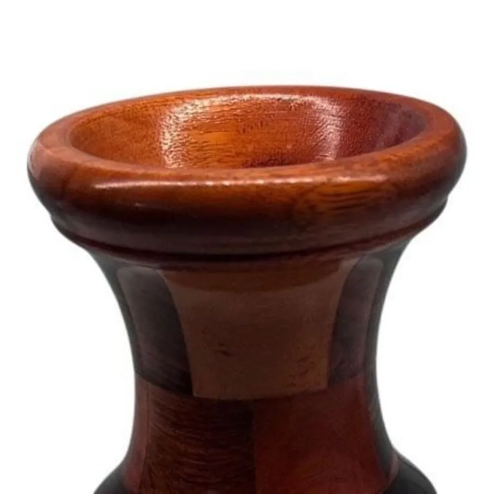 Vintage Multi Wood Mosaic Vase 8” Brown Hand Pieced Parquet Two-tone Segmented - Picture 6 of 11